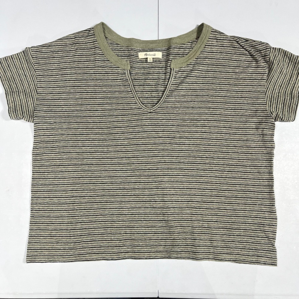 Madewell Granola 90s Grunge Boho Green Striped Hemp Cotton Boxy Tee Shirt XS